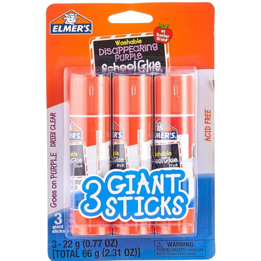 Elmer's Disappearing Purple School Glue Sticks, Washable, 3 Giant sticks